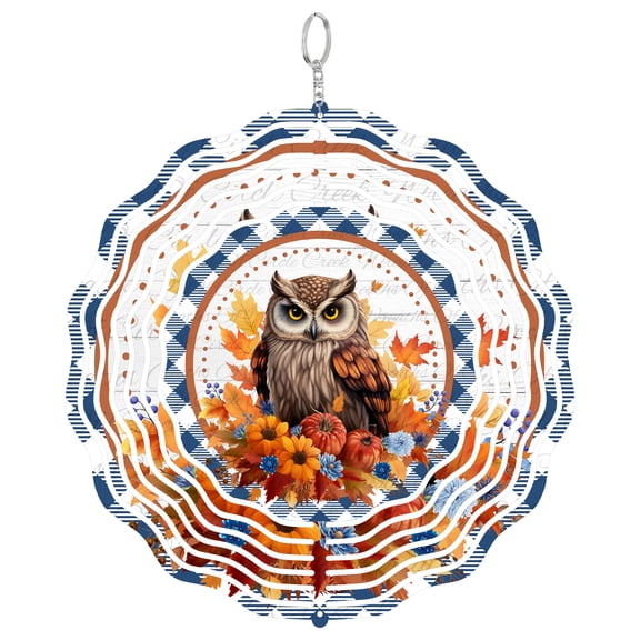 Owl with Fall Flowers 3D Wind Spinner, UV Printed Tinplate, Autumn Blue Plaid Decor, Bird Lover Gift, Round