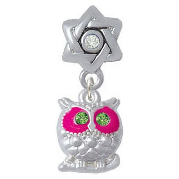 Owl with Hot Pink & Lime Green Crystal Eyes - Star of David with Clear Crystal Charm Bead