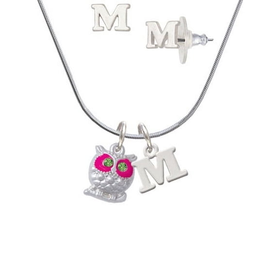 Owl with Hot Pink & Lime Green Crystal Eyes - M Initial Charm Necklace and Stud Earrings Jewelry Set