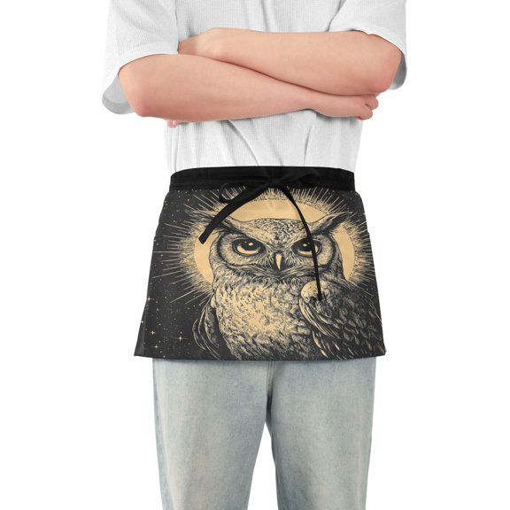 Owl with Sun Server Apron with 3 Pockets Waterproof Waitress Waist Short Apron for Man Woman 12 Inches