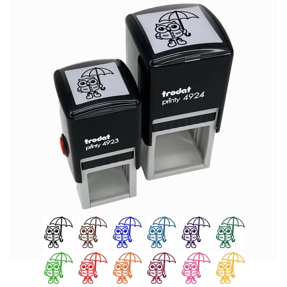 Owl with Umbrella Ready for the Rain Self-Inking Rubber Stamp Ink Stamper - Pink Ink - Small 1 Inch