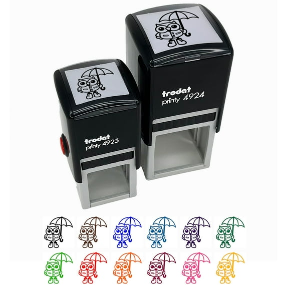 Owl with Umbrella Ready for the Rain Self-Inking Rubber Stamp Ink Stamper - Yellow Ink - Small 1 Inch