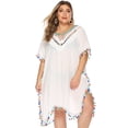 thumbnail image 1 of Owlce plus size boho dress for women casual summer floral print tassels 3/4 sleeve V-neck babydoll short beach dress (XX-large, white), 1 of 9