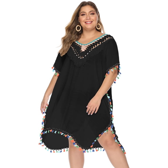 Owlce plus size boho dress for women casual summer floral print tassels 3/4 sleeve V-neck babydoll short beach dress (x-large, black)
