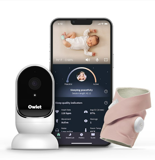 Owlet Dream Duo - Smart Portable Video Baby Monitor - HD Video Camera + Sock With Heart Rate, AVG Oxygen Tracker - Dusty Rose