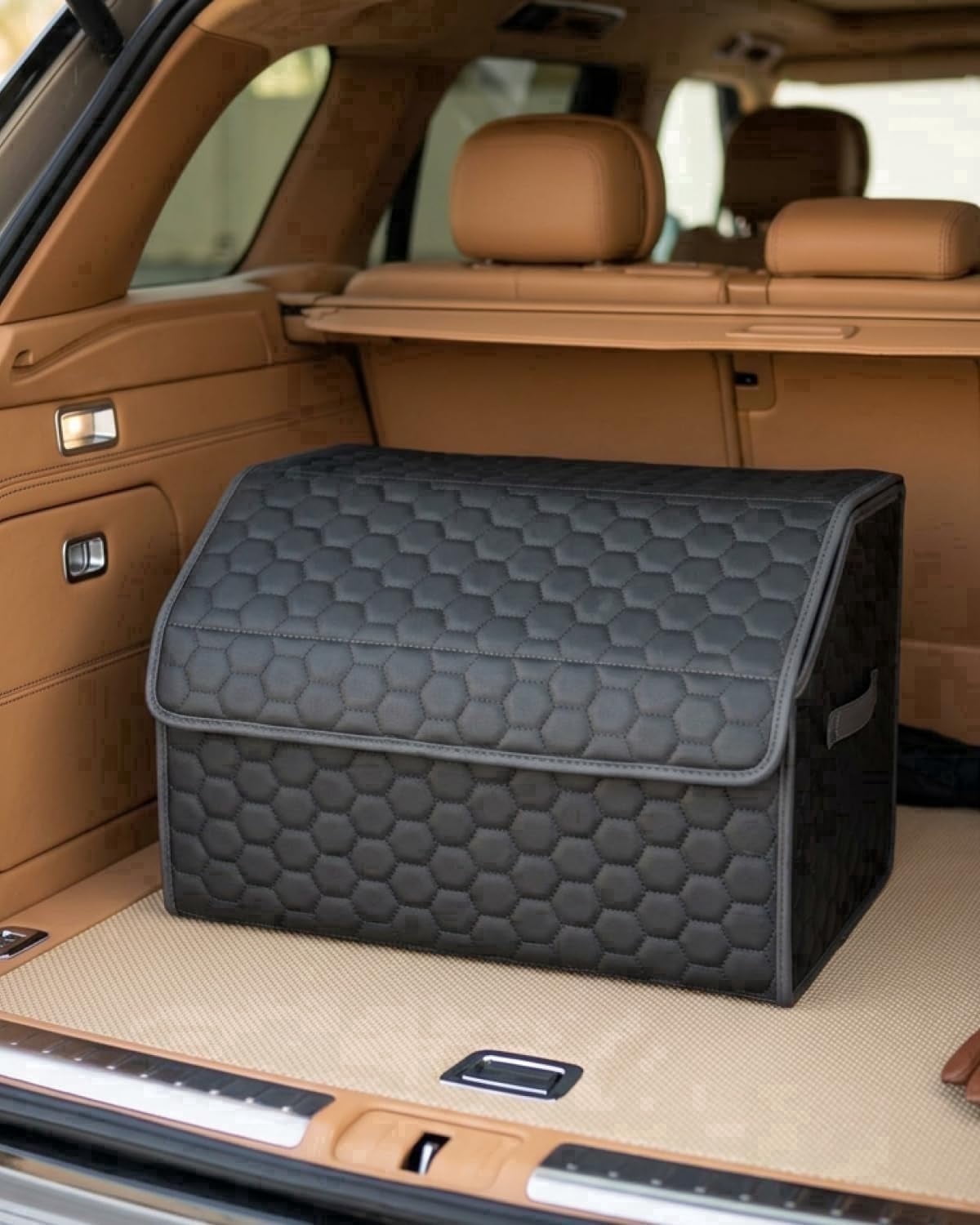 Owleys Car Trunk Organizer Foldable with Lid, SUV Storage Collapsible Black Eco-Leather 50L, 21.6 in