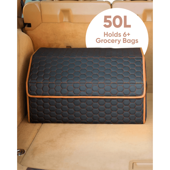 Owleys Collapsible Trunk Organizer with Lid, Car Storage Foldable Hexy Eco-Leather 50L, 21.6 in