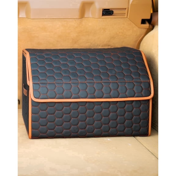 Owleys Collapsible Trunk Organizer with Lid, Car Storage Foldable Hexy Eco-Leather 50L, 21.6 in
