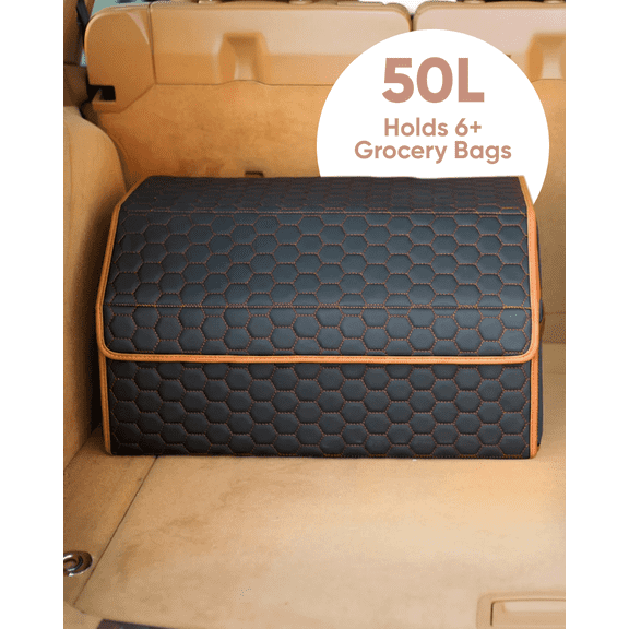 Owleys Collapsible Trunk Organizer with Lid, Car Storage Foldable Hexy Eco-Leather 50L, 21.6 in
