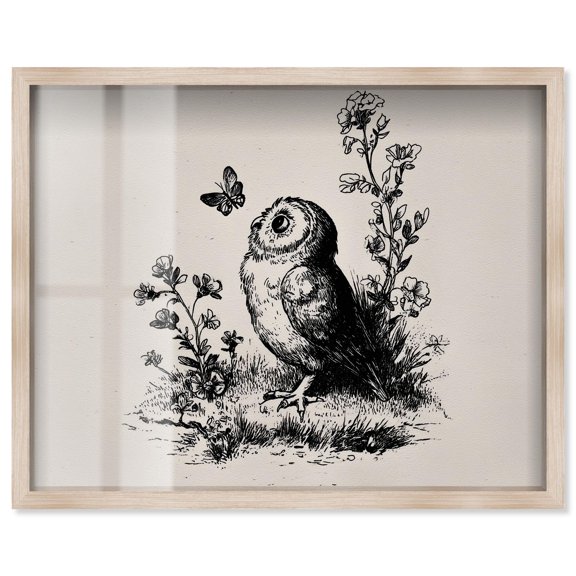 Owlito II Shadowbox Print Animal Illustrations by Art Remedy, Blonde Frame, 20 x 16