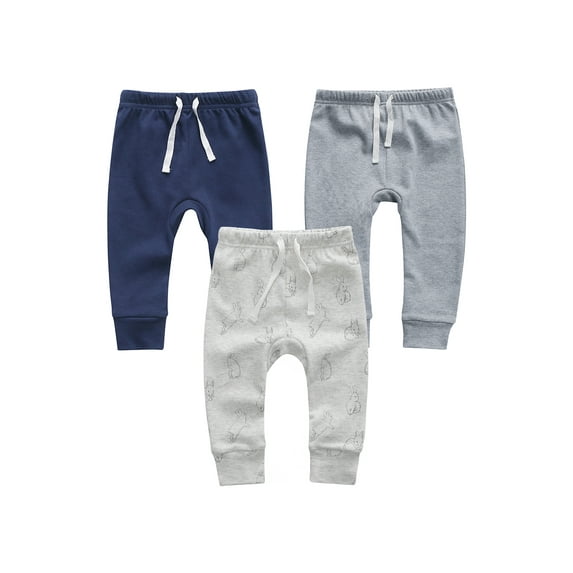 Owlivia Organic Cotton Baby Boy Girl 3-Pack Wiggle Pants Jogging Pants ((Navy+Grey+Grey Rabbit, 3-6Months)