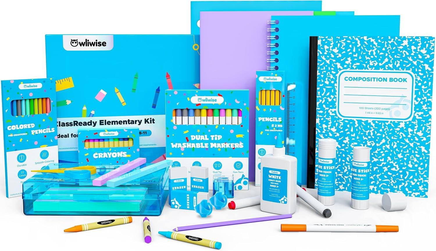 Owliwise School Supplies Kit, Back to School Supplies Bundle for Kids, Complete Student Set for Kindergarten and Elementary, Pre-K School, Organized School Supply Box, 87 Piece,Girls and Boys