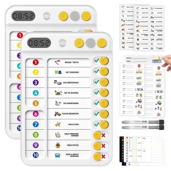 Owlprince Chore Chart & Visual Timer, Dry Erase Incentive Charts, Magnetic Behavior Chart for Multiple Kids, ADHD Cleaning Planner Tools, White