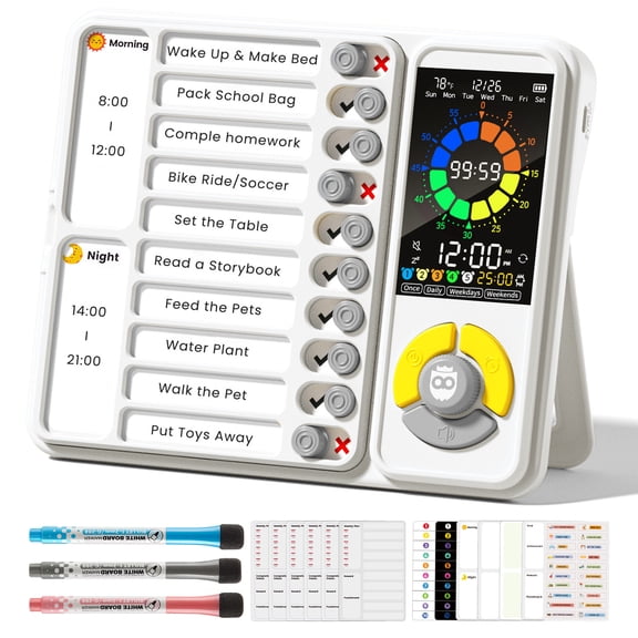 Owlprince Digital Visual Timer & Chore Chart, ADHD Cleaning Planner Tools with 4 Modes Pomodoro Timer, Freestanding Visual Schedule Alarm Clock - Off-White