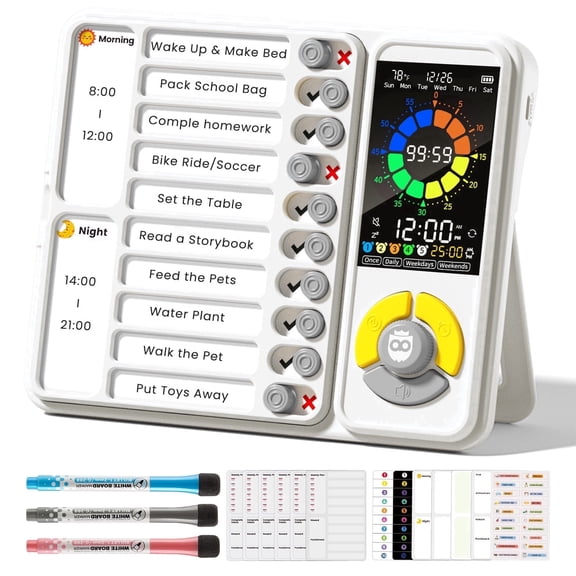 Owlprince Digital Visual Timer & Chore Chart, ADHD Cleaning Planner Tools with 4 Modes Pomodoro Timer, Freestanding Visual Schedule Alarm Clock - Off-White