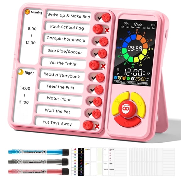 Owlprince Digital Visual Timer & Chore Chart, ADHD Cleaning Planner Tools with 4 Modes Pomodoro Timer, Freestanding Visual Schedule Alarm Clock - Pink
