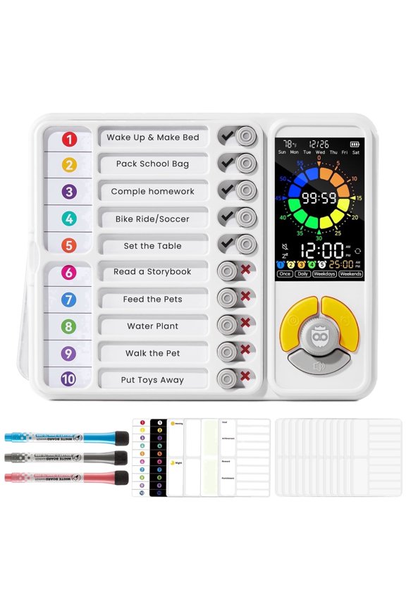 Digital Visual Timer & Chore Chart, ADHD Cleaning Planner Tools with 4 Modes Pomodoro Timer, Freestanding Visual Schedule Alarm Clock - White
