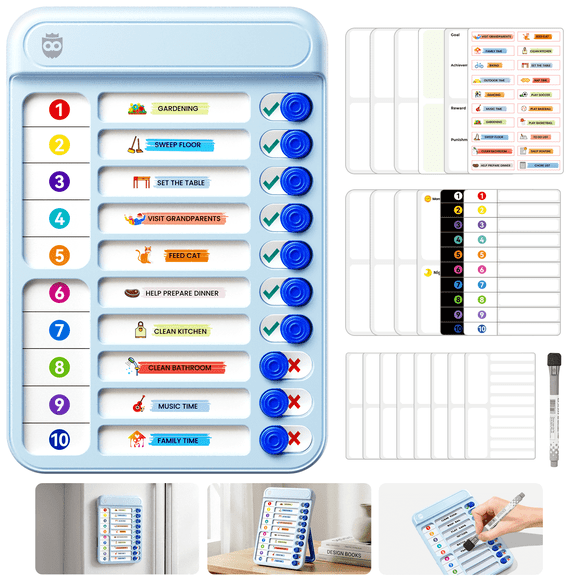 Owlprince Magnetic Chore Chart, Dry Erase Routine Chart to Do List Checklist Board, ADHD Tool, Visual Schedule Board Task Tracker for Home Refrigerator, Wall, Desk - Blue