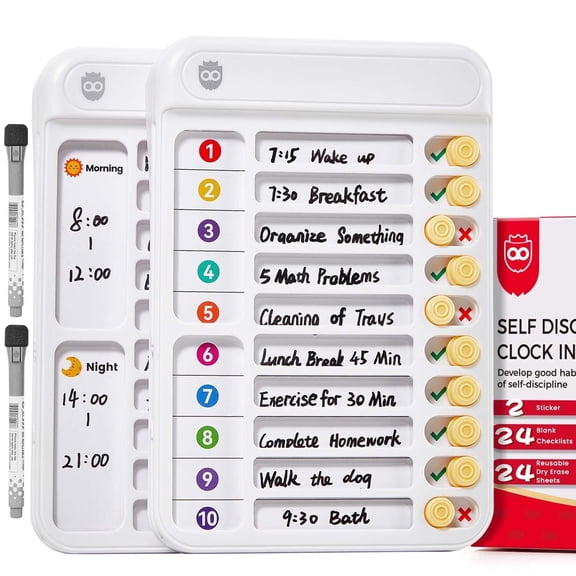 Owlprince Magnetic Chore Chart, Dry Erase Checklist Schedule Board To Do List, ADHD Cleaning Planner Tools with Sliders and Magnetic Marker for Fridge - White+White, 2 PCS