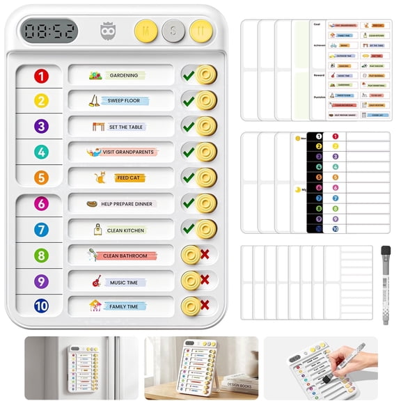 Owlprince Magnetic Chore Chart with Timer, 21 Pcs Checklist Visual Schedule Board, ADHD Tools with 99-Min Countup/Down Visual Timer, Bedtime/Morning/Daily Routine Chart Dry Erase to Do List - White