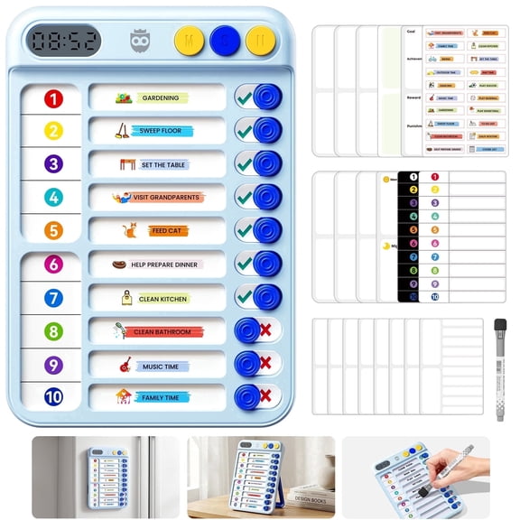 Owlprince Magnetic Chore Chart with Timer, 21 Pcs Checklist Visual Schedule Board, ADHD Tools with 99-Min Countup/Down Visual Timer, Bedtime/Morning/Daily Routine Chart Dry Erase to Do List - Blue