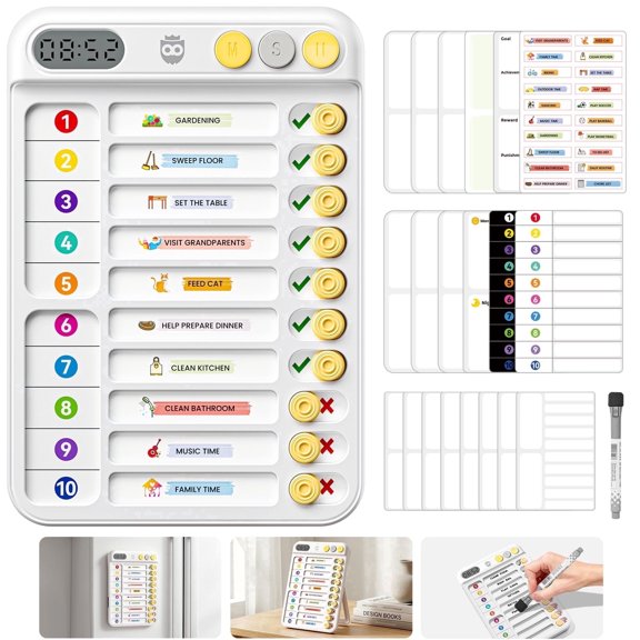 Owlprince Magnetic Chore Chart with Timer, 21 Pcs Checklist Visual Schedule Board, ADHD Tools with 99-Min Countup/Down Visual Timer, Bedtime/Morning/Daily Routine Chart Dry Erase to Do List - White