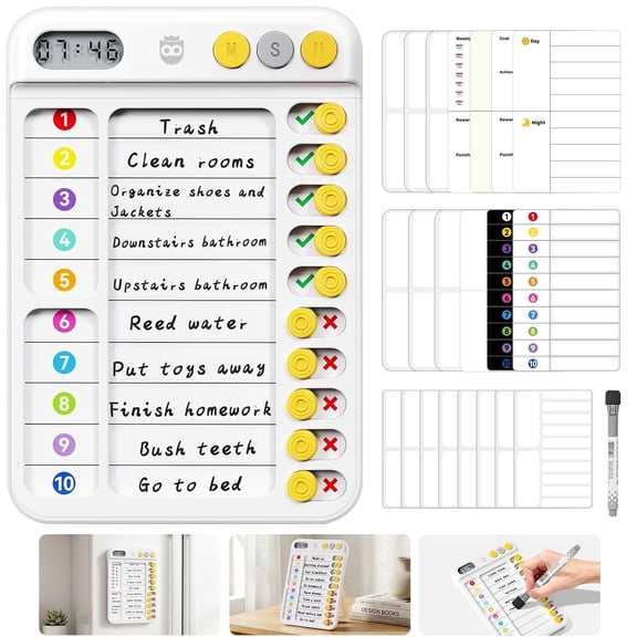 Owlprince Magnetic Chore Chart with Timer, ADHD Tools Visual Schedule Planning Board to Do List, ADHD Tools with Sliders & Magnetic Marker, Morning/Bedtime/Daily Routine Chart Checklist - White