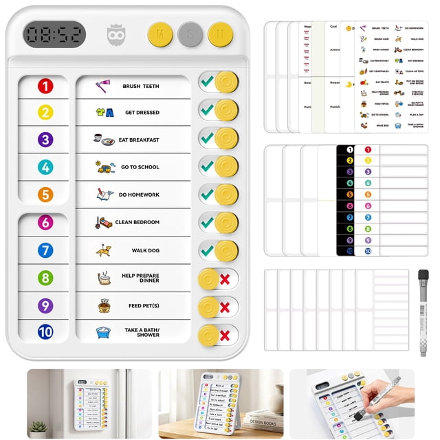 Owlprince Magnetic Chore Chart with Timer, ADHD Tools Visual Schedule ...
