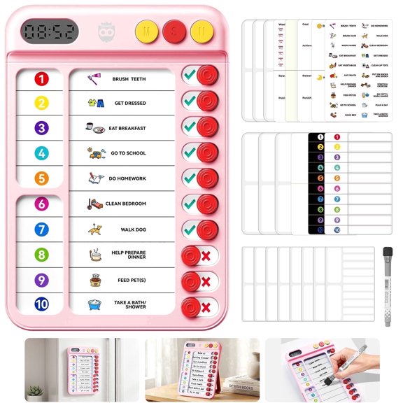 Owlprince Magnetic Chore Chart with Timer, ADHD Tools Visual Schedule Planning Board to Do List, ADHD Tools with Sliders & Magnetic Marker, Morning/Bedtime/Daily Routine Chart Checklist - Pink