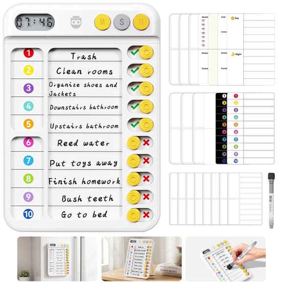 Owlprince Magnetic Chore Chart with Timer, ADHD Tools Visual Schedule Planning Board to Do List, ADHD Tools with Sliders & Magnetic Marker, Morning/Bedtime/Daily Routine Chart Checklist - White