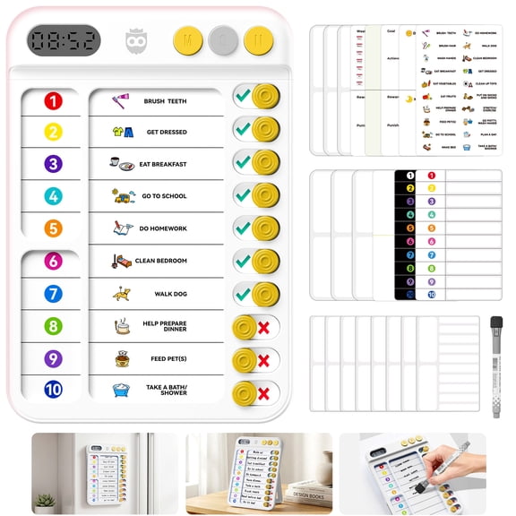 Owlprince Magnetic Chore Chart with Timer, ADHD Tools Visual Schedule Planning Board to Do List, ADHD Tools with Sliders & Magnetic Marker, Morning/Bedtime/Daily Routine Chart Checklist - White