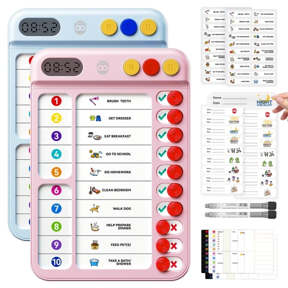 Owlprince Chore Chart & Visual Timer for Kids, Magnetic Dry Erase Reward Behavior Board, Bedtime Morning Daily Routine Chart for Multiple Kids, Blue & Pink