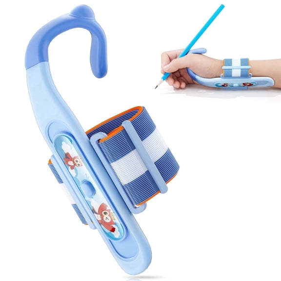 Owlprince Pencil Grips for Handwriting, Ergonomic Writing Aid with Wrist Support Brace (Right Hand Use) , Adjustable Posture Support Training Kit - Blue