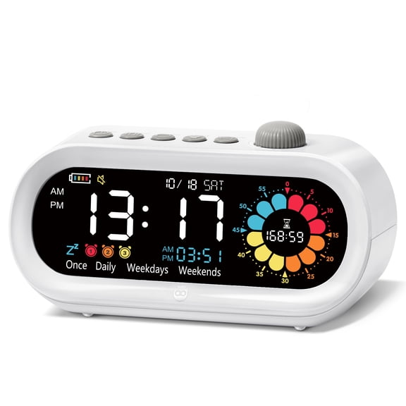 Owlprince Rechargeable Visual Timer & Digital Alarm Clock for Bedroom Living Room with Date & Time Display, 3 Levels Brightness, 3 Volumes, ADHD Tools - White