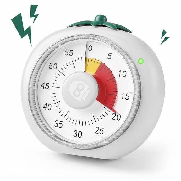 Owlprince Magnetic Visual Timer, 60-Minute Countdown Timer for Adults Students, 4-Color Zone Dial Pomodoro Mode for Kitchen Cooking Classroom, White
