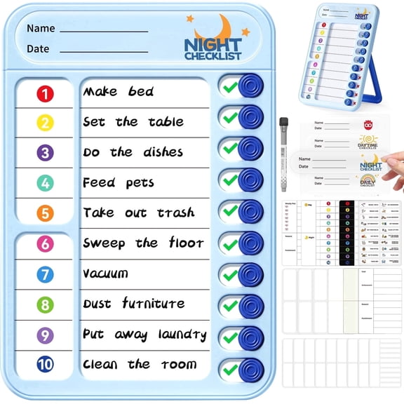 Owlprints Magnetic Chore Chart, Dry Erase Checklist Schedule Chart Board to Do List for Home Office Classroom, ADHD Cleaning Planner Tools with Sliders and Magnetic Marker - Blue