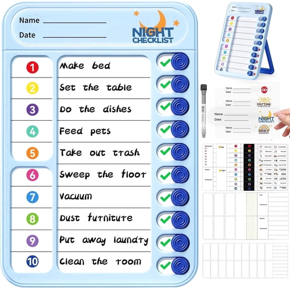 Owlprints Magnetic Chore Chart, Dry Erase Checklist Schedule Chart Board to Do List for Home Office Classroom, ADHD Cleaning Planner Tools with Sliders and Magnetic Marker - Blue