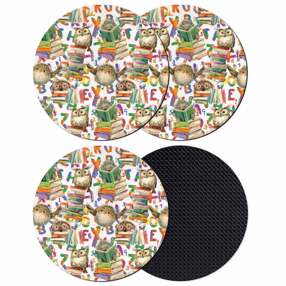 Owls Book Coasters Set of 4, Absorbent Coasters for Drinks, Funny Cartoon Animal Colorful Text Art Coaster for Desk Coffee Table Protection, Home Decor House Warming Gifts 4"