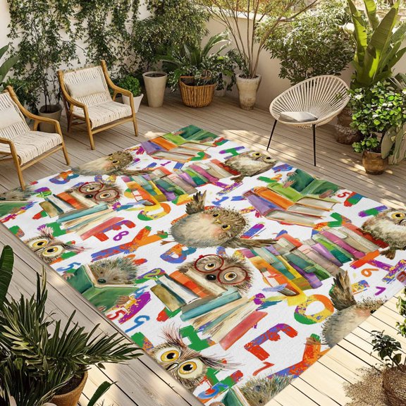 Owls Book Outdoor Rug 5x8 Ft - Reversible Patio Rug Outdoor Camping Rugs, Funny Cartoon Animal Colorful Text Art Washable Indoor Outdoor Area Rugs, Non-Slip Outdoor Carpet Runner for Deck/Porch
