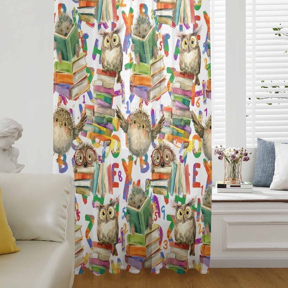 Owls Book Sheer Curtains 45 Inches Long for Living Room/Bedroom, Funny Cartoon Animal Colorful Text Art Rod Pocket Voile Kitchen Curtains & Drapes Window Treatment 1 Panel, 52"W x 45"L