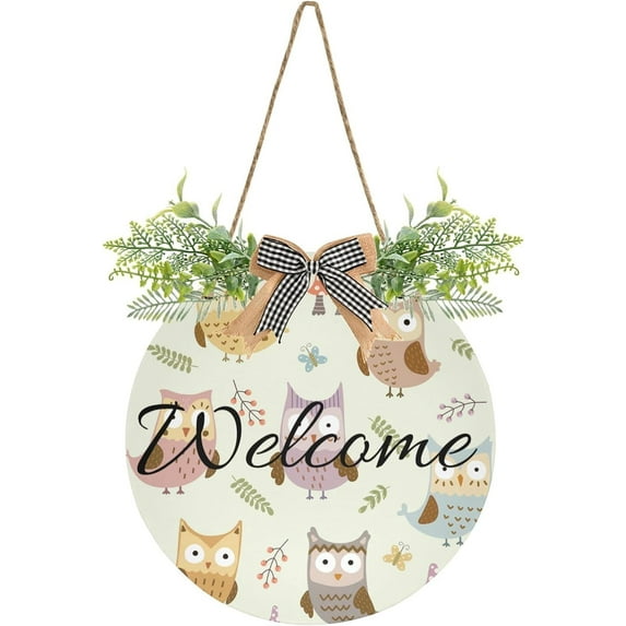 Owls Butterfly Welcome Sign for Front Door, Round Sign Hanging Welcome Sign Welcome Wreath for Farmhouse Porch Door Home Decor
