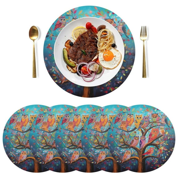 Owls Colorful Trees Black Round Placemats Plate Mats 15 Inch Non-Slip Heat Resistant Washable PVC Set Indoor for Kitchen Dining Table 6PCs