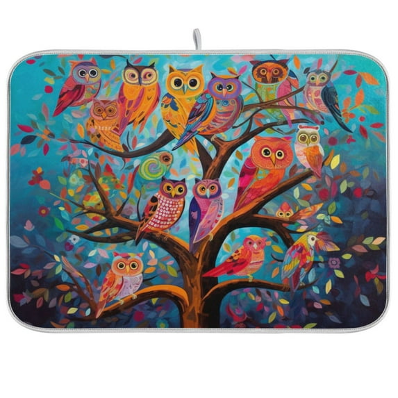 Owls Colorful Trees Dish Drying Mat Dish Drainer Rack Mats Water Absorbent Non-Slip Easy Clean Heat Resistant for Kitchen Counter