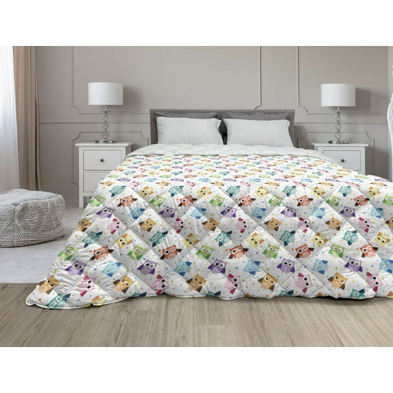Cartoon Comforter & Sham Bedding Set, Dotted Background Colorful Owls Various Facial Expressions Angry Happy Confused, 3 pcs Duvet Set Microfiber Filling Quilt, 5 Sizes, Multicolor, by Ambesonne