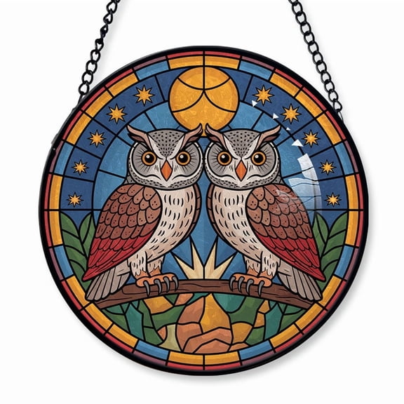 Owls Couple Stained Glass Suncatcher Window Hanging Custom Text Window Hanging for Parents & Children, Couples Keepsake, Christmas 2025 Tree Decoration
