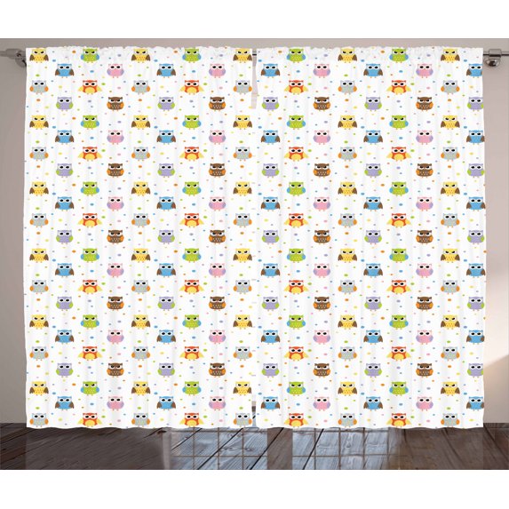 Ambesonne Owls Curtains 2 Panel Set, Angry Funny Cartoon, 108" x 63", Multicolor
