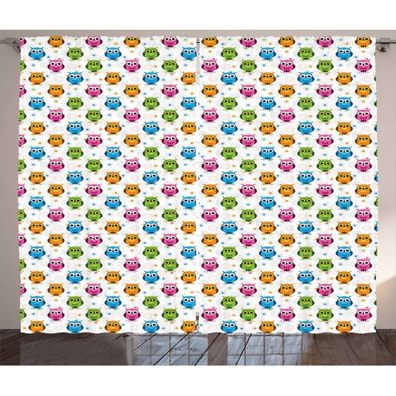 Ambesonne Owls Curtains 2 Panel Set, Lively Colored Fun Circles, 108" x 63", Multicolor