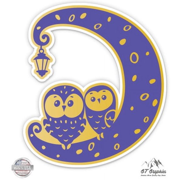 Owls Cute Moon - 5" Vinyl Sticker - For Car Laptop I-Pad - Waterproof Decal