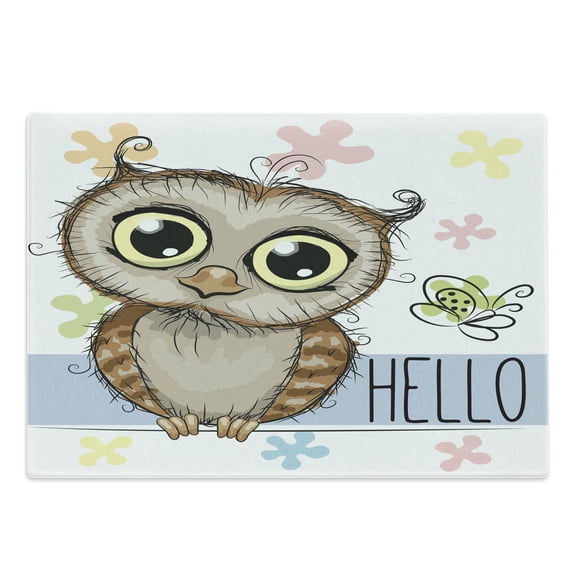 Owls Cutting Board, Cartoon Owl and a Butterfly on Floral Background Hello Message Illustration, Decorative Tempered Glass Cutting and Serving Board, Large Size, Multicolor, by Ambesonne
