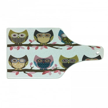 Owls Cutting Board, Group of Owls Facial Expressions Winking Smiling Vintage Scrapbooking Retro Art, Decorative Tempered Glass Cutting and Serving Board, Wine Bottle Shape, Multicolor, by Ambesonne